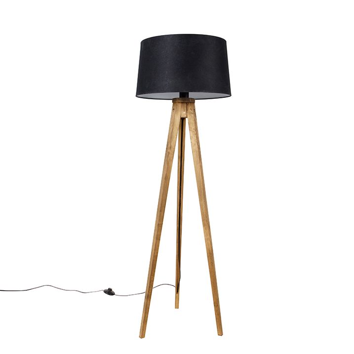 Rustikálny trojnohý vintage drevený s tienidlom z ľanu čierny 45 cm - Tripod Classic