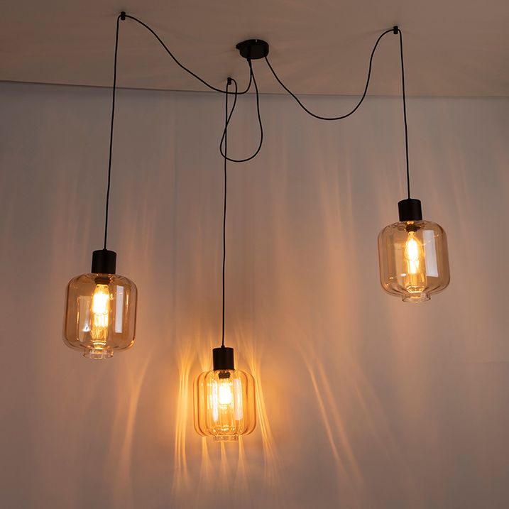 Design hanglamp zwart met amber glas 3-lichts 226 cm - Qara