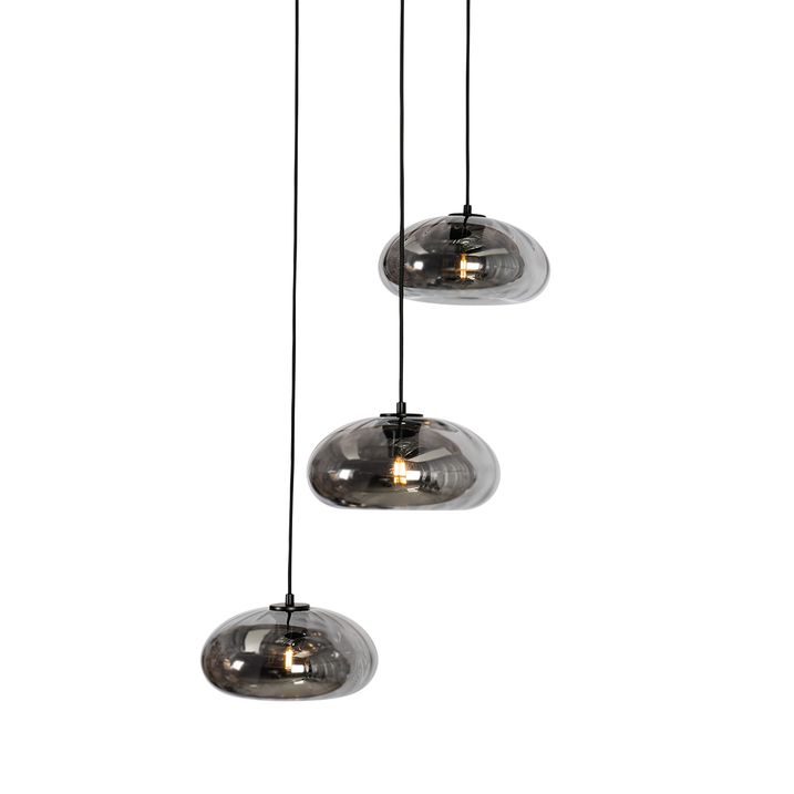 Candeeiro de suspensão Art Deco preto com vidro fumê redondo 3-luzes - Ayesha
