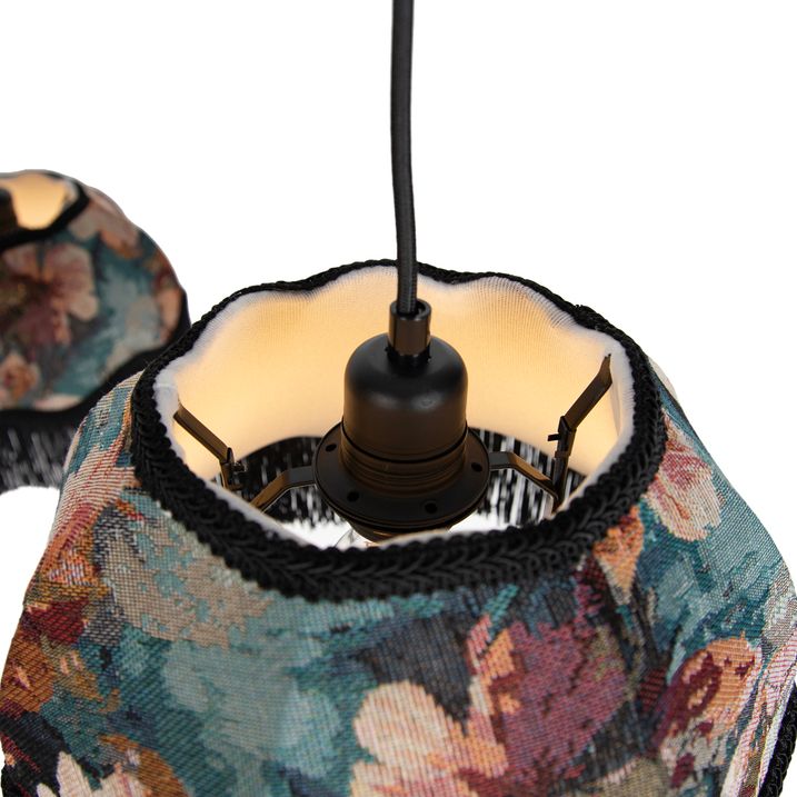 Hanglamp zwart met bloemen kap en witte binnenkant 31,5cm 3-lichts - Cava