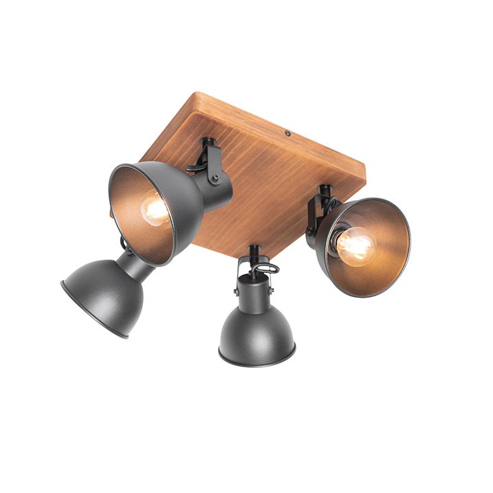 Industriële spot zwart met hout kantelbaar 4-lichts - Tommy