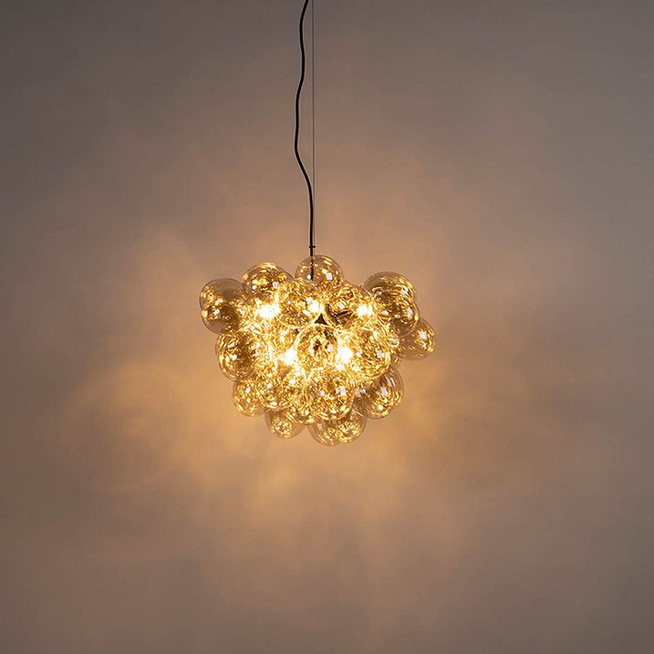 Art Deco viseća lampa crna sa jantarnim staklom 8 lampi - Uvas