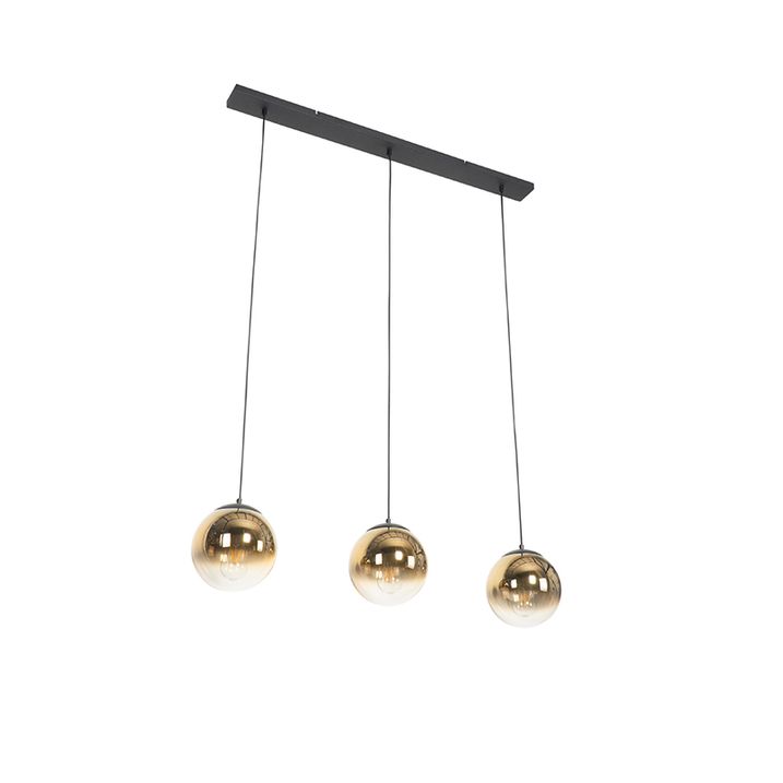 Art Deco Hängeleuchte schwarz mit goldfarbenem Glas länglich 3-flammig - Pallon