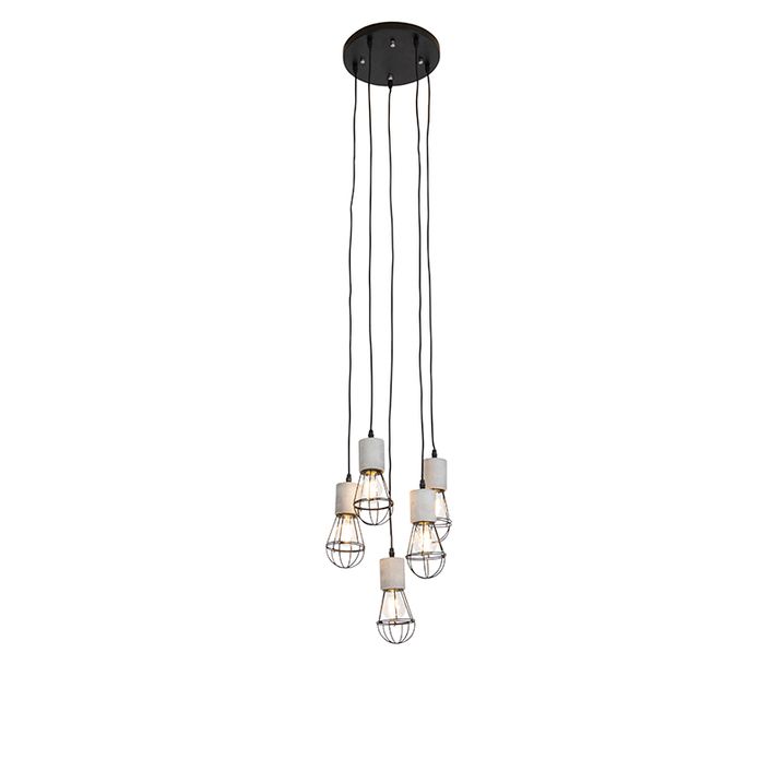Industriele hanglamp 5-lichts beton met zwart - Edison