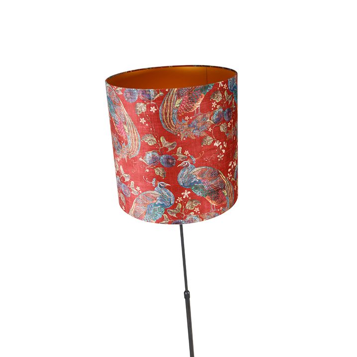 Vloerlamp zwart kap pauw dessin rood 40 cm - Parte