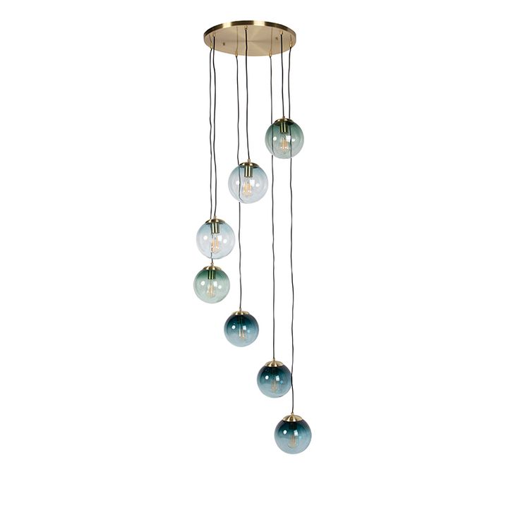 Lampă suspendată Art Deco din alamă cu sticlă albastră 7 lumini - Pallon
