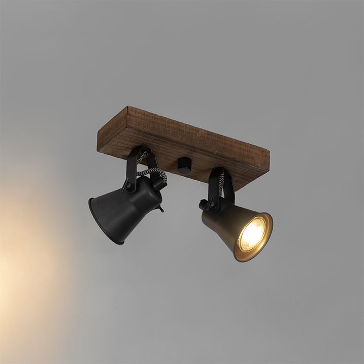 Rustikaler Strahler schwarz mit Holz 2-Licht verstellbar - Jelle