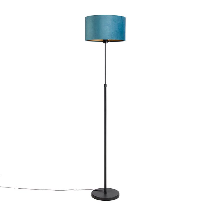 Lampa stojąca czarna z niebieskim aksamitnym abażurem ze złotem 35 cm - Parte
