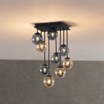 Moderne plafondlamp zwart met amber en smoke glas 9-lichts - Athens
