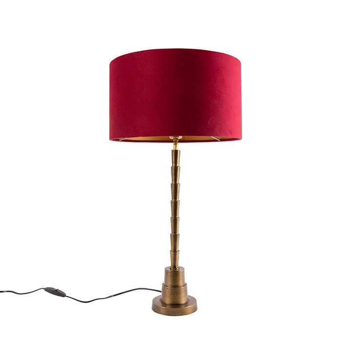 Stolní lampa v art deco stylu bronzová s červeným sametovým stínítkem 35 cm - Pisos
