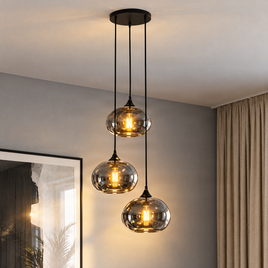 Art Deco pakabinamas šviestuvas juodas su dūminiu stiklu 3 šviesų apvalus - Busa