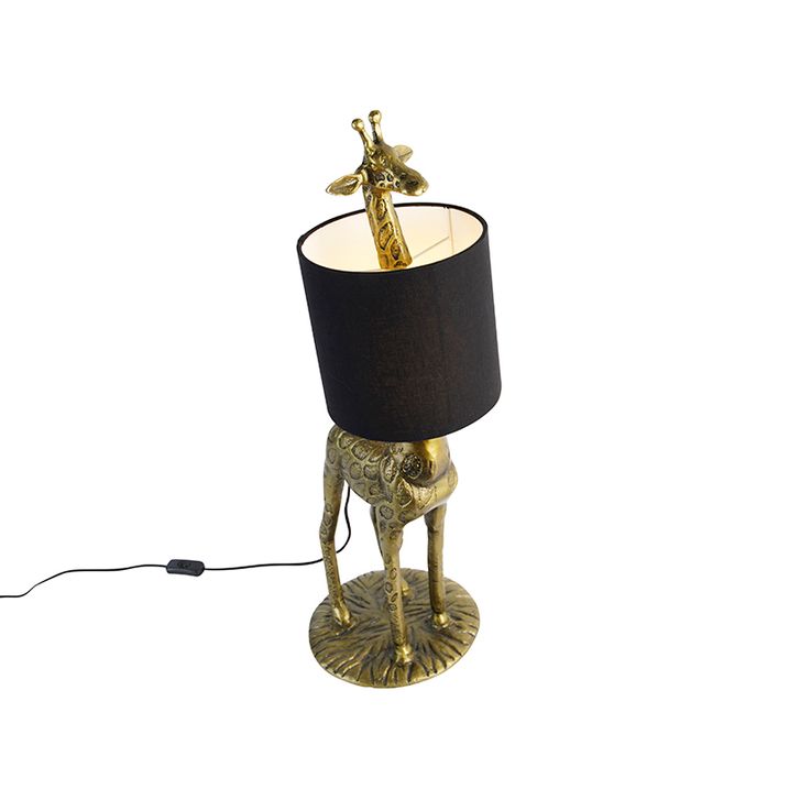 Vintage vloerlamp messing stoffen kap zwart - Animal Giraf To