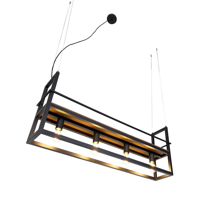 Industrijski luster crne boje sa drvetom i policom 4-svetla - Cage Rack