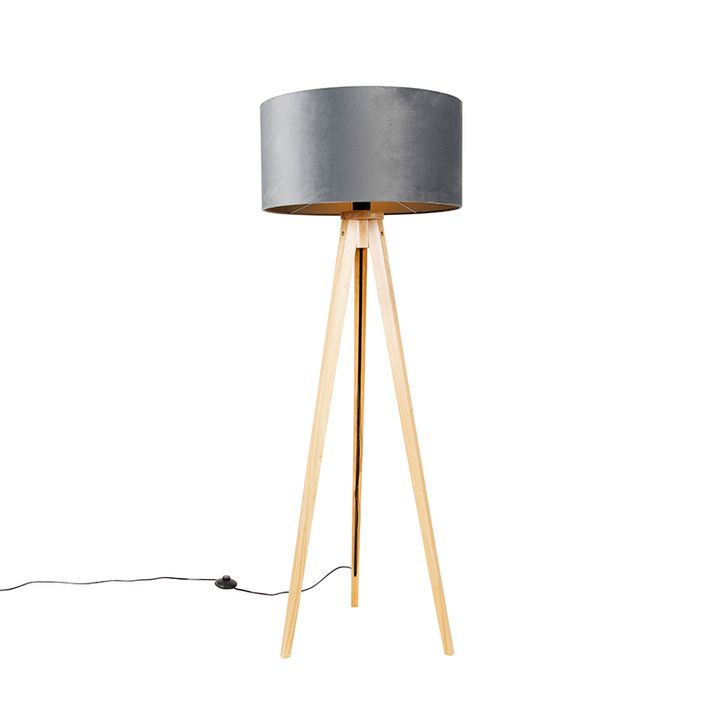 Stojací lampa dřevěná s šedým látkovým stínidlem 50 cm - Tripod Classic