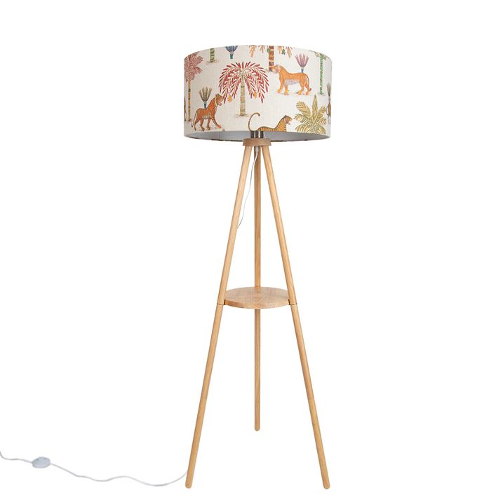 Drvena podna lampa sa tronošcem i sjenilom sa višeobojnim životinjskim printom 50cm - Lou