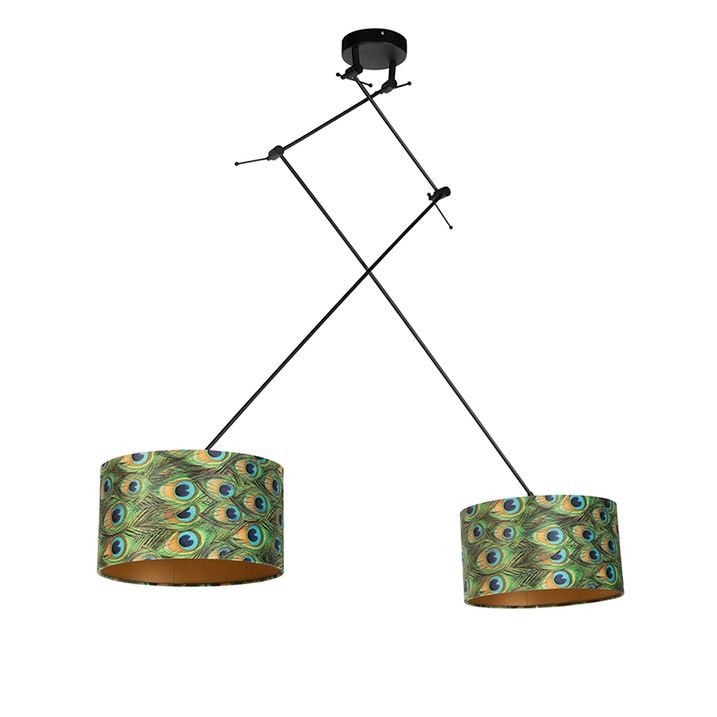 Závěsné svítidlo černé s sametovými stínidly Peacock se zlatem 35 cm 2-světlo - Blitz