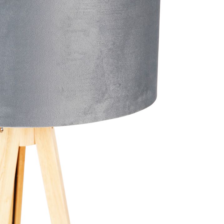 Stojací lampa dřevěná s šedým látkovým stínidlem 50 cm - Tripod Classic