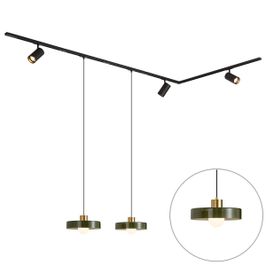 Modern-railsysteem-zwart-met-2-hanglampen-groen-en-3-spots-1-fase---Iconic-Jeana-Luxe-Jina