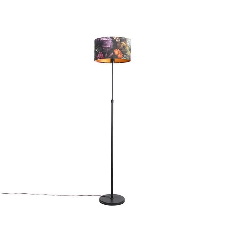 Stojací lampa černá s sametovým stínítkem s květinami 35 cm - Parte