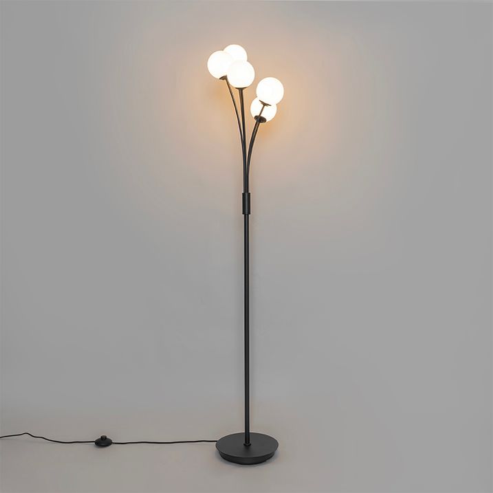 Moderná stojaca lampa čierna s opálovým sklom 5-svetlo - Atény