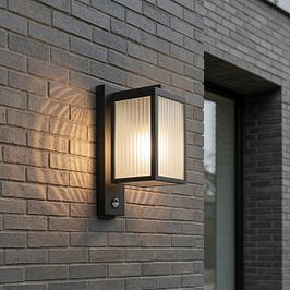 Outdoor Wall Lantern Black with Ribbed Glass and Motion Sensor - Charlois