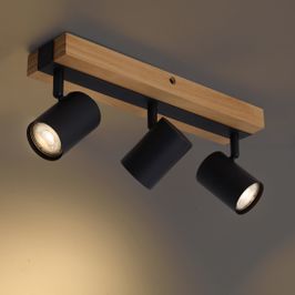 Candeeiro-de-teto-preto-com-madeira-3-luzes-ajustável-retangular---Jeana