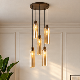 Hotel Chique hanglamp donker brons met amber glas 5-lichts - Stavelot