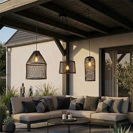 Lampada a sospensione da esterno rustica in rattan nero 3 luci - Calamus