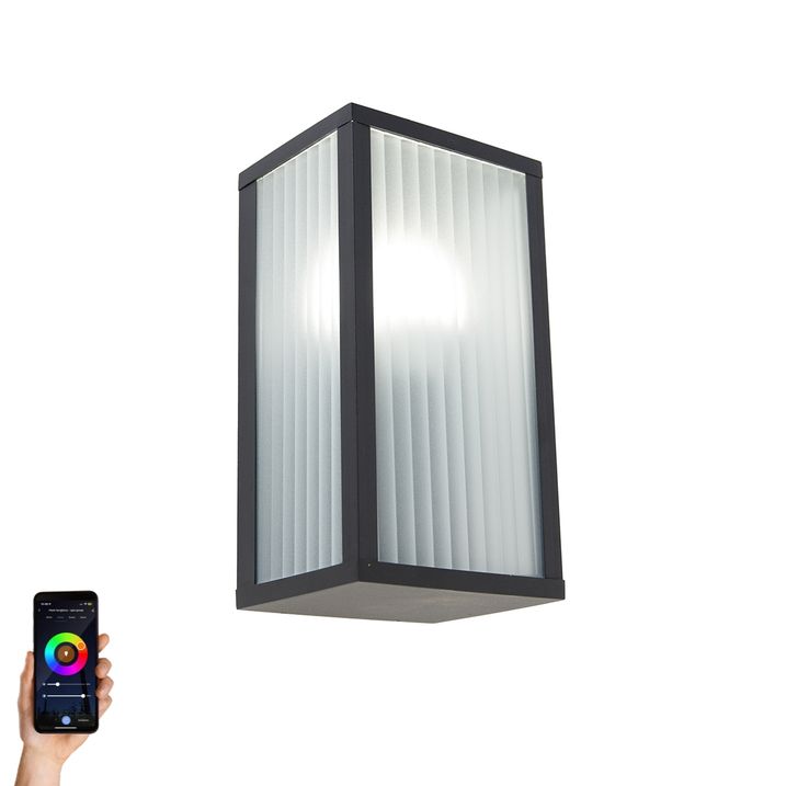 Applique murale d'extérieur intelligente noire avec verre nervuré incl. WiFi A60 - Charlois
