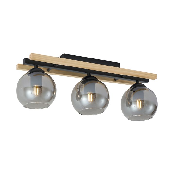 Plafoniera smart nera con legno e vetro fumé 3 luci incl. WiFi A60 - Aleks