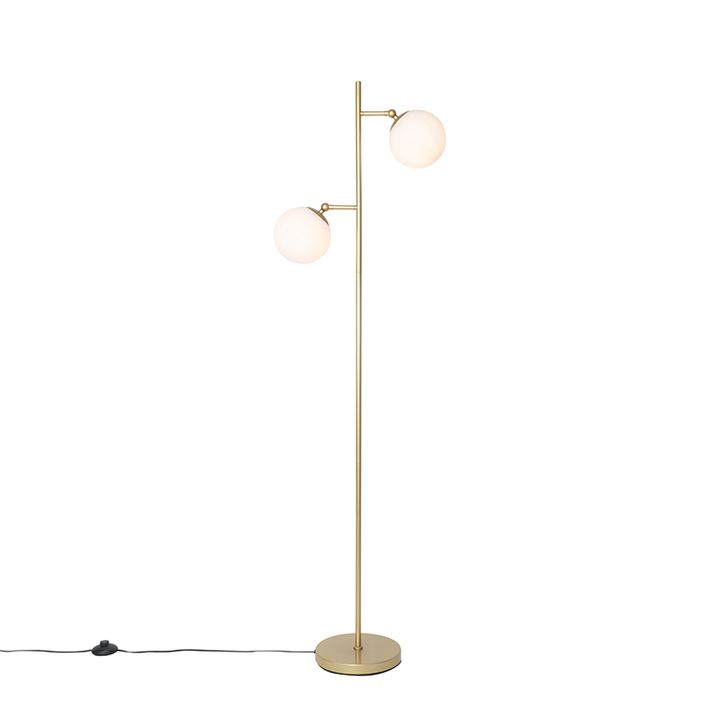 Candeeiro de pé Art Déco dourado com vidro opalino 2 luzes - Pallon