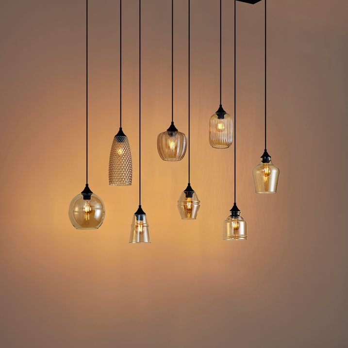 Art deco hanglamp zwart met amber glas 8-lichts - Hanne