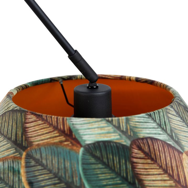 Hanglamp zwart met dubbele velours lampenkap blad dessin en beige - Blitz