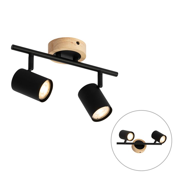 Faretto moderno nero con legno inclinabile 2 luci - Jeana