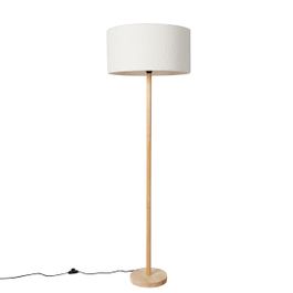 Rustikálna stojaca lampa drevo s bouclé tienidlom bielym - Mels