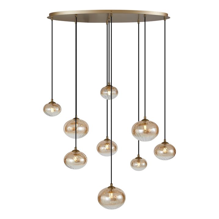 Art-Deco-Hängeleuchte Gold mit bernsteinfarbenem Glas 9-flammig - Jia