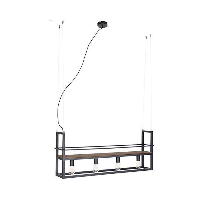Industrijski luster crne boje sa drvetom i policom 4-svetla - Cage Rack