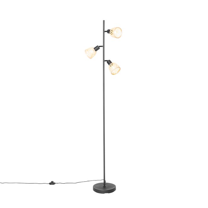 Oosterse vloerlamp zwart met bamboe 3-lichts - Rayan