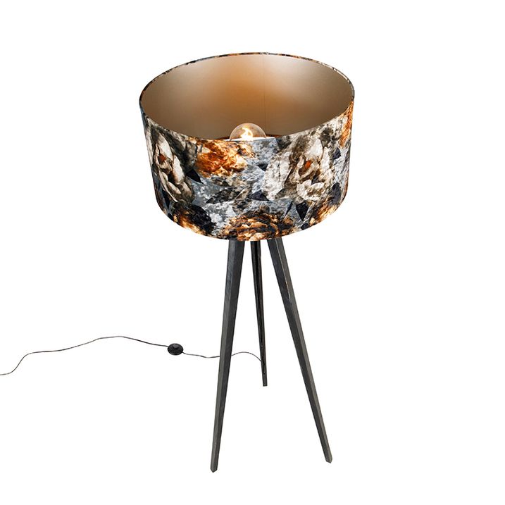 Stojací lampa trojnožka černá s květovaným stínítkem 50 cm - Tripod Classic