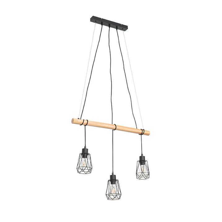 Landelijke hanglamp zwart met hout 3-lichts - Dami Frame