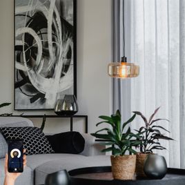 Lampada a sospensione smart nera con vetro ambrato incl. WiFi A60 - Bizle