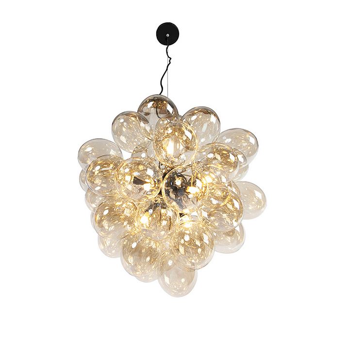 Art Deco viseća lampa crna sa jantarnim staklom 8 lampi - Uvas