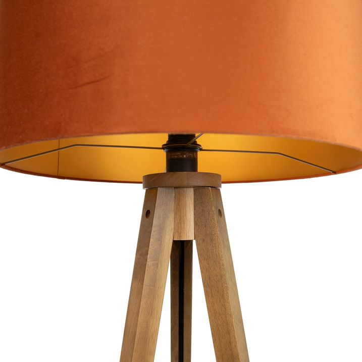 Vloerlamp hout met kap oranje een gouden binnenkant 50cm - Tripod Classic