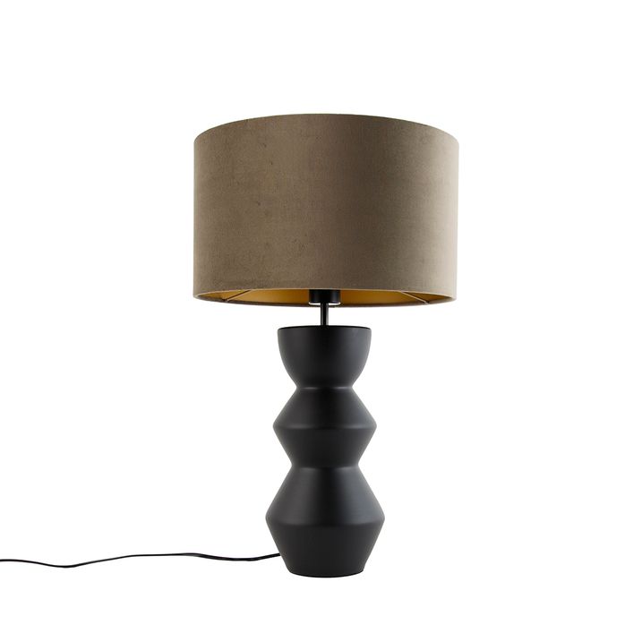 Design Table Lamp Black Velvet Shade Taupe with Gold 35 cm - Alisia
