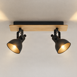Foco de techo negro con madera 2-luces giratorio e inclinable - Jakub