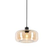 Art-Deco-pendellampa-svart-med-bärnstensglas---Bizle
