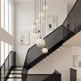 Moderna piekaramā lampa melna ar baltu stiklu apaļa 7 gaismas - Misty