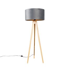 Stojací lampa dřevěná s šedým látkovým stínidlem 50 cm - Tripod Classic