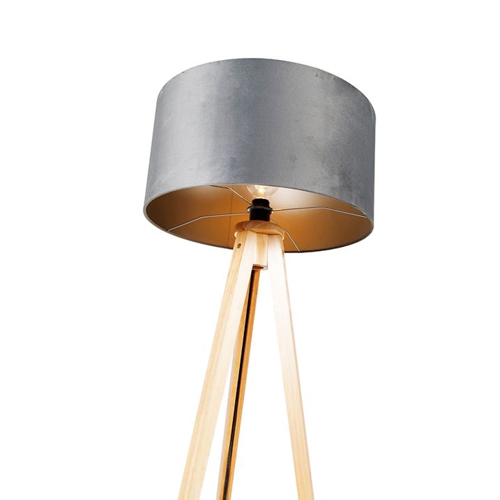 Stojací lampa dřevěná s šedým látkovým stínidlem 50 cm - Tripod Classic