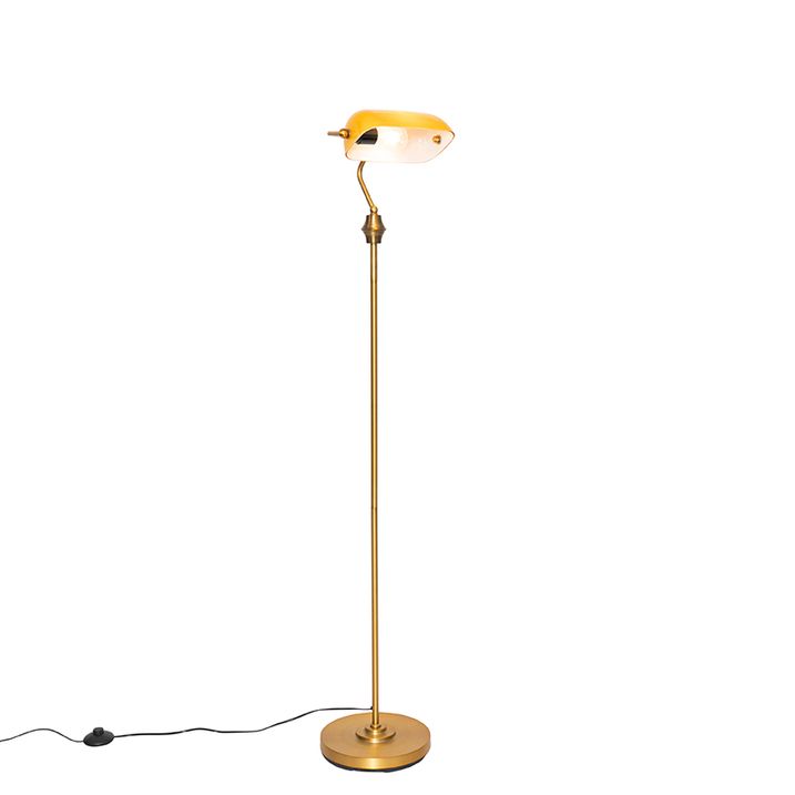 Klasická stojací lampa notáře bronzová s jantarovým sklem - Banker